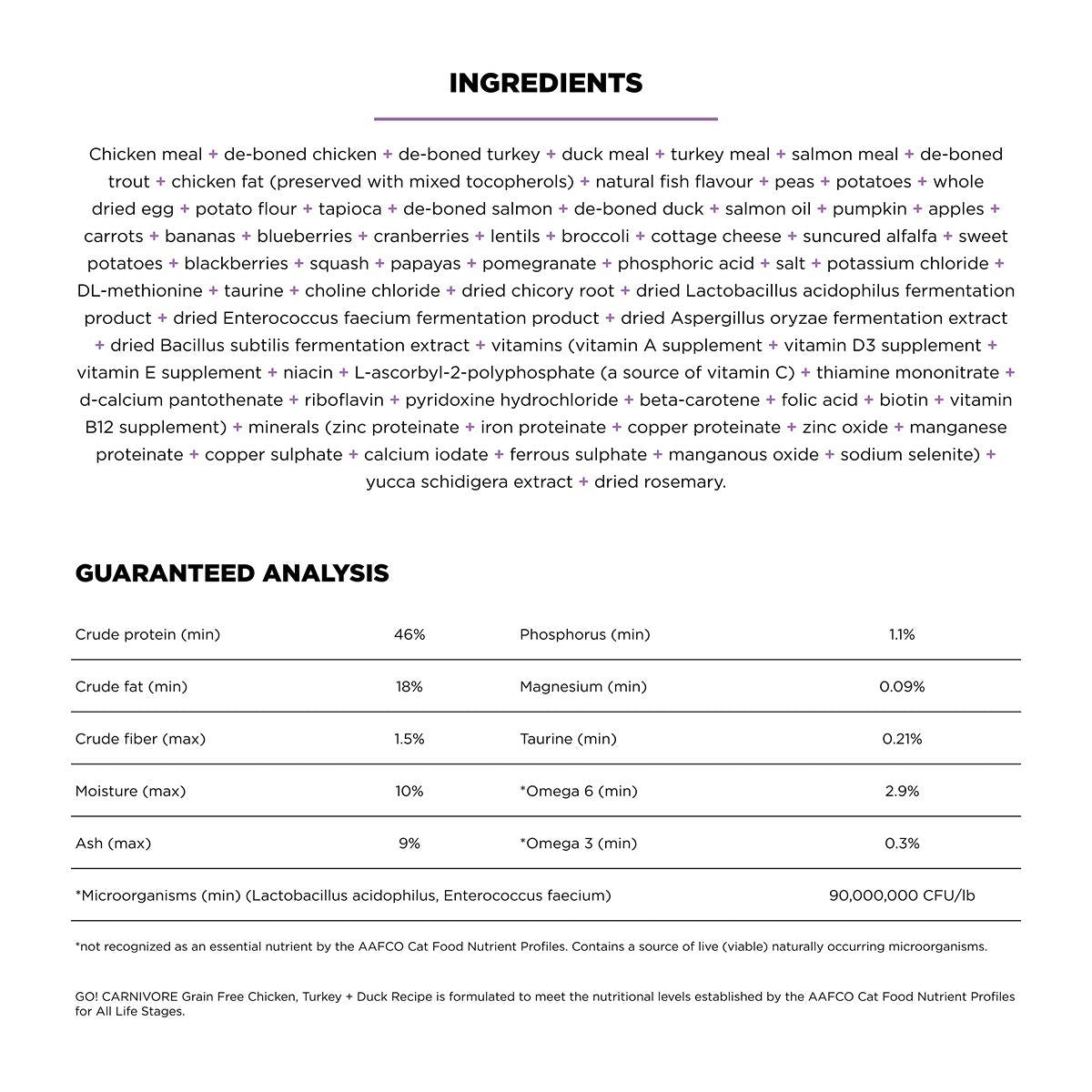GO! Solutions CARNIVORE Diet Grain Free Chicken, Turkey & Duck Dry Cat Food