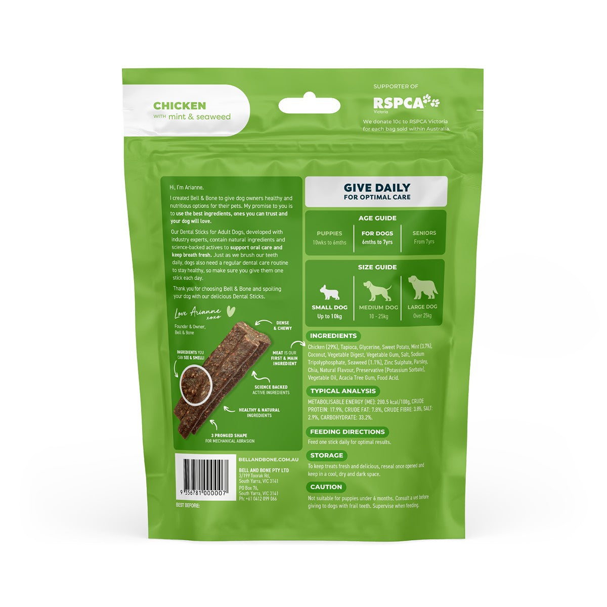 Bell & Bone Chicken, Mint and Seaweed Dental Sticks Dog Treats