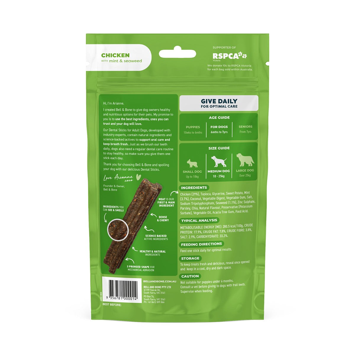Bell & Bone Chicken, Mint and Seaweed Dental Sticks Dog Treats