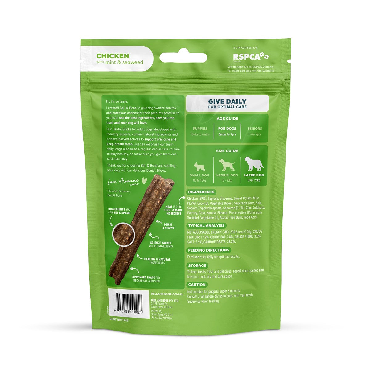 Bell & Bone Chicken, Mint and Seaweed Dental Sticks Dog Treats