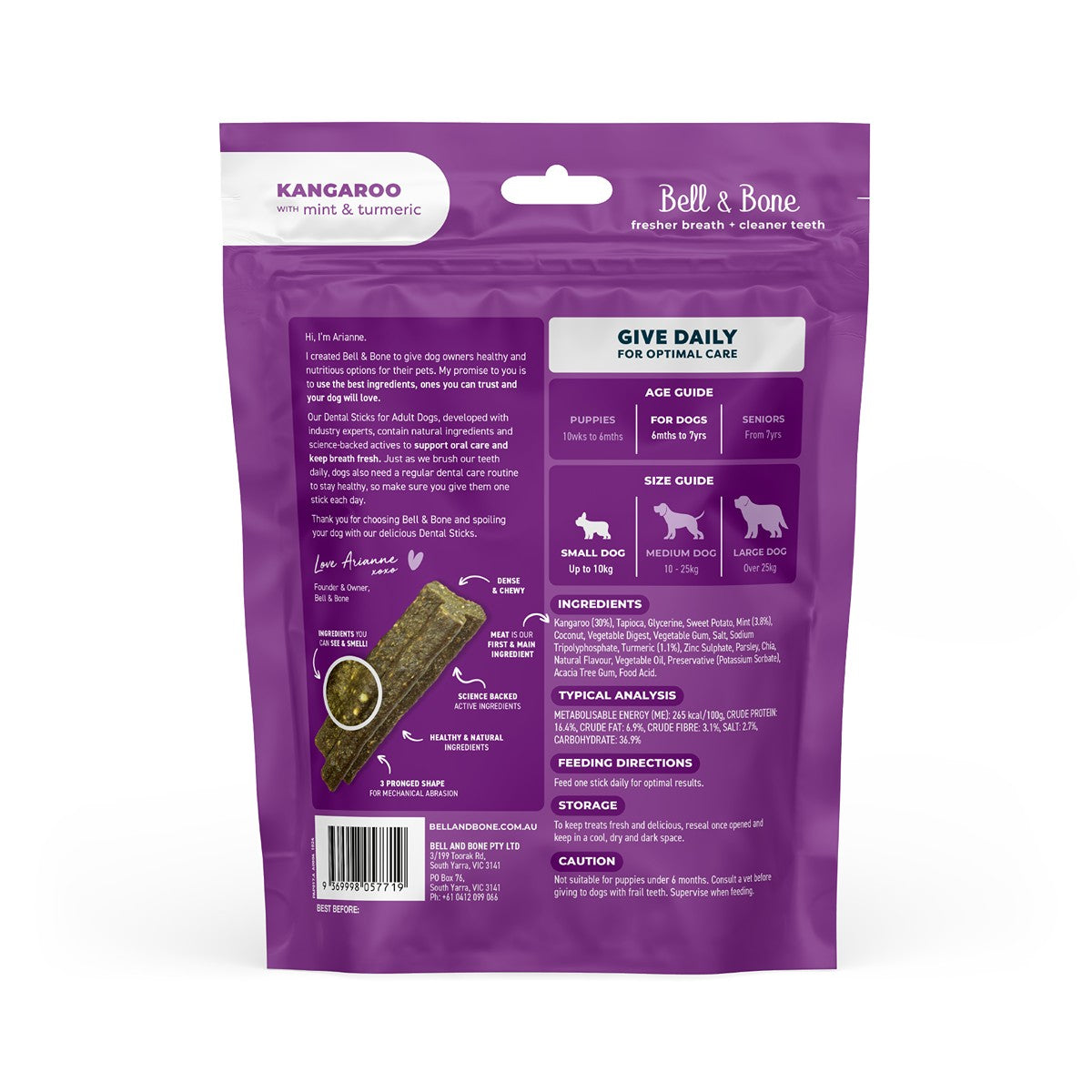 Bell & Bone Kangaroo, Mint and Turmeric Dental Sticks Dog Treats