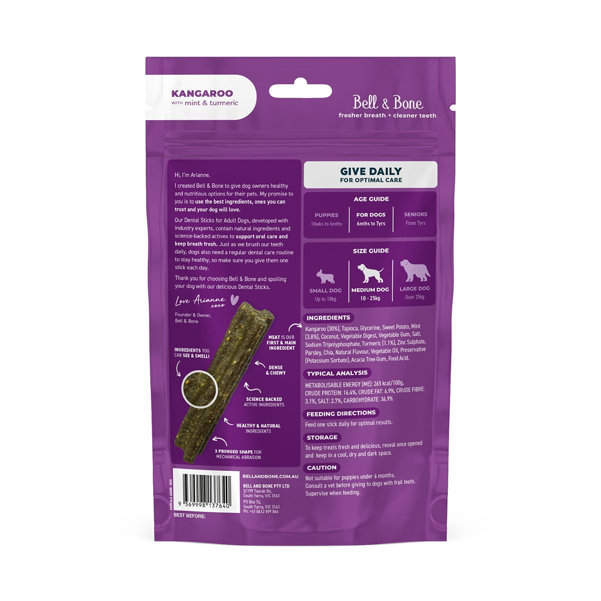 Bell & Bone Kangaroo, Mint and Turmeric Dental Sticks Dog Treats