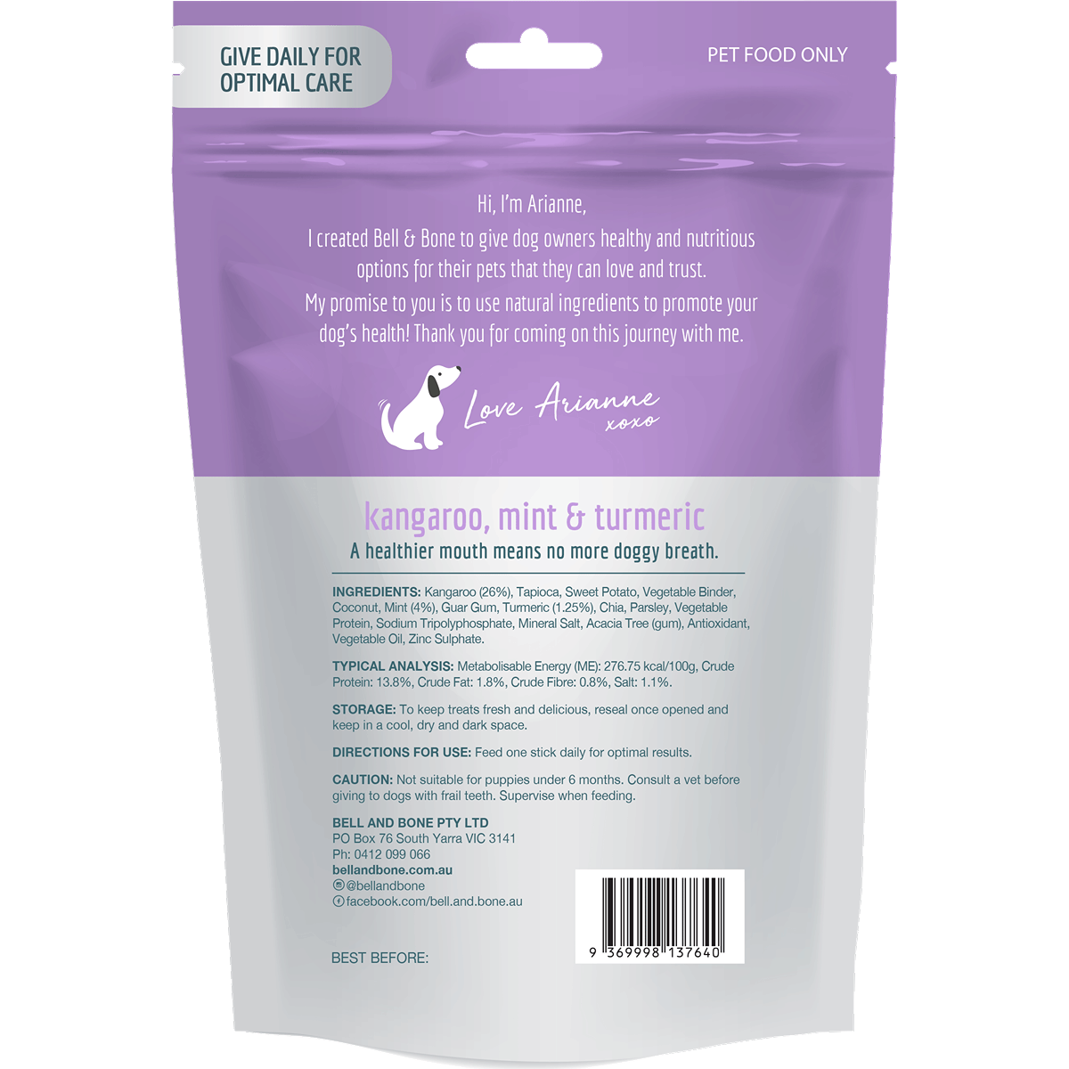 Bell & Bone Kangaroo, Mint and Turmeric Dental Sticks Dog Treats