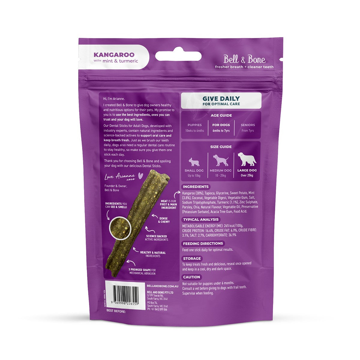 Bell & Bone Kangaroo, Mint and Turmeric Dental Sticks Dog Treats