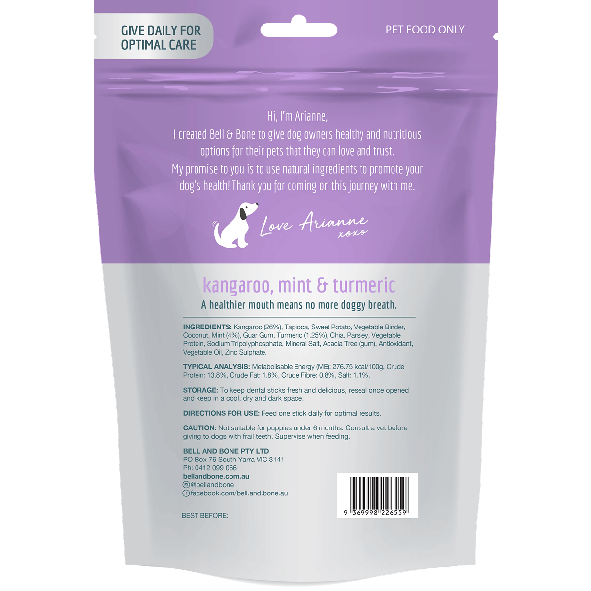 Bell & Bone Kangaroo, Mint and Turmeric Dental Sticks Dog Treats