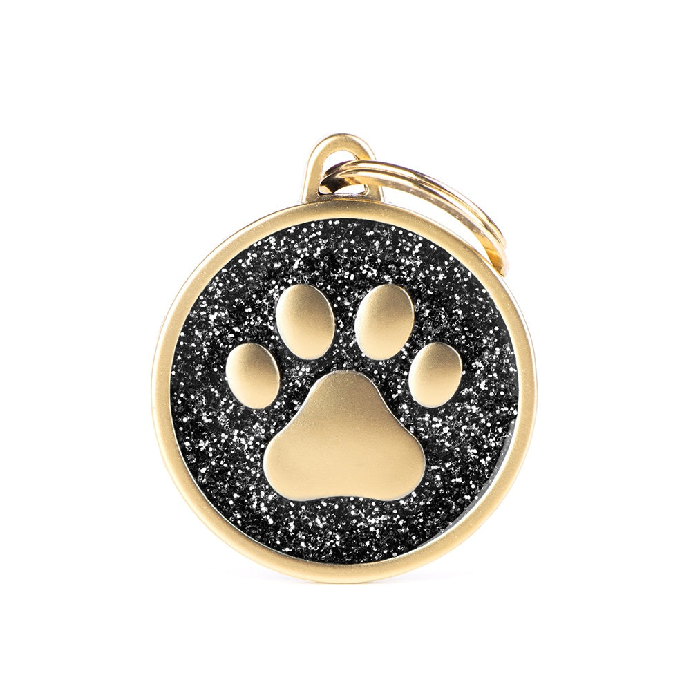 My Family Shine Gold Cirle Black Paw Pet ID Tag