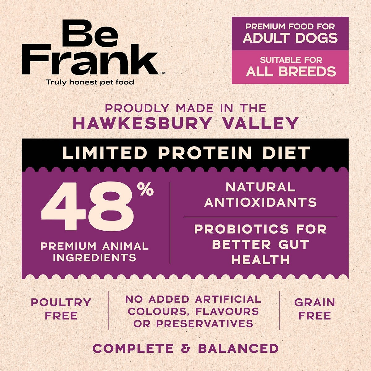 Be Frank Limited Protein Grain Free Kangaroo & Lamb Dry Dog Food