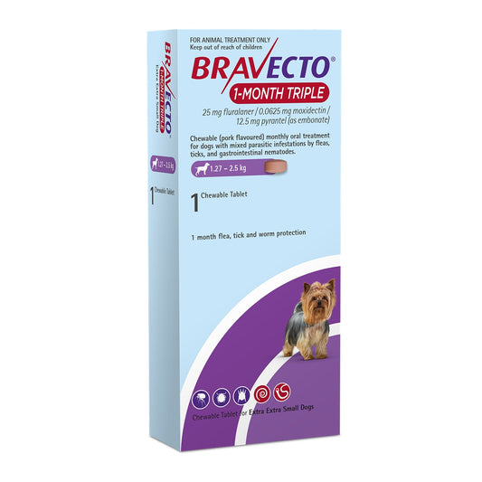 Bravecto 1 Month Triple Extra Extra Small 1.27-2.5kg Dog Flea, Tick & Worm Chew