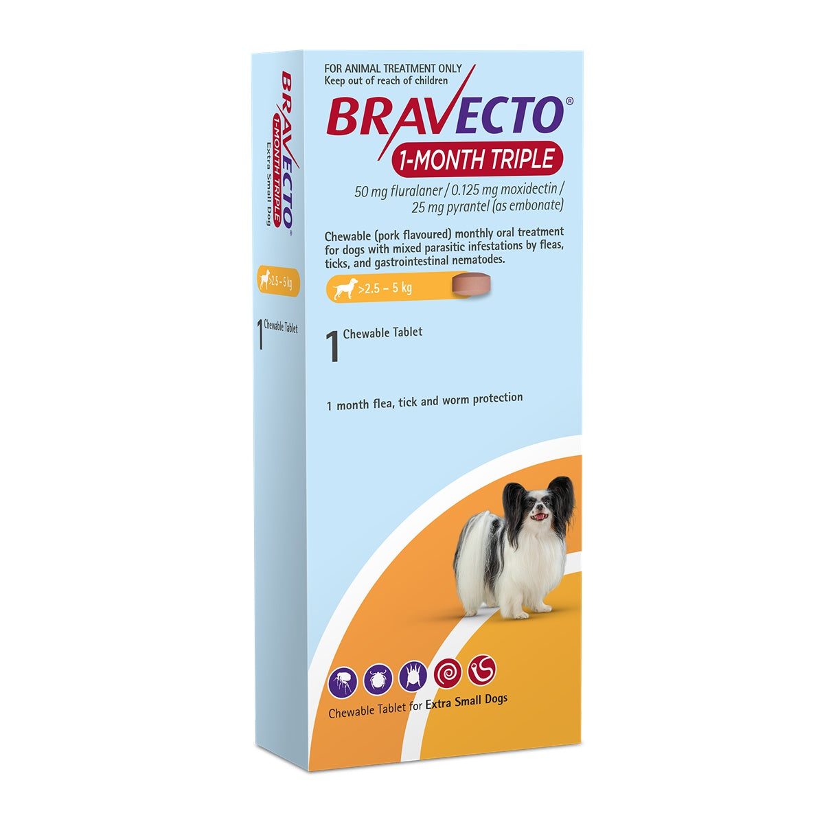 Bravecto 1 Month Triple Extra Small 12.5-5kg Dog Flea, Tick & Worm Chew