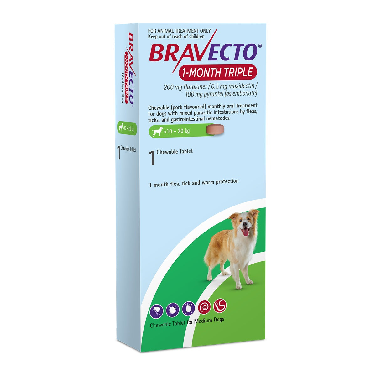Bravecto 1 Month Triple Medium 10-20kg Dog Flea, Tick & Worm Chew