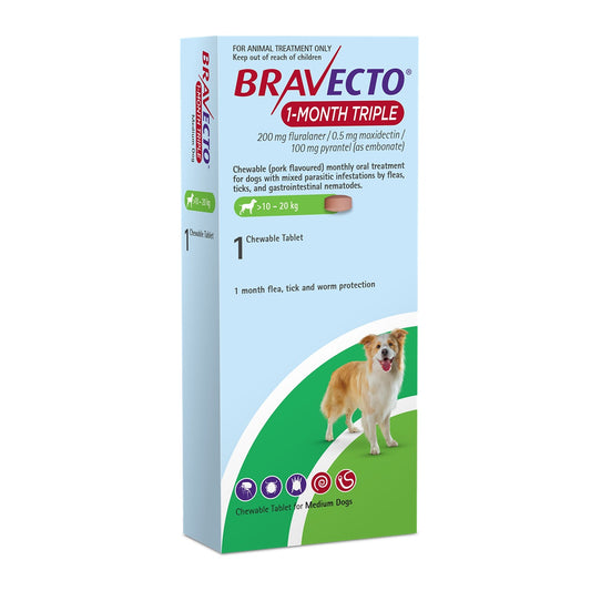 Bravecto 1 Month Triple Medium 10-20kg Dog Flea, Tick & Worm Chew