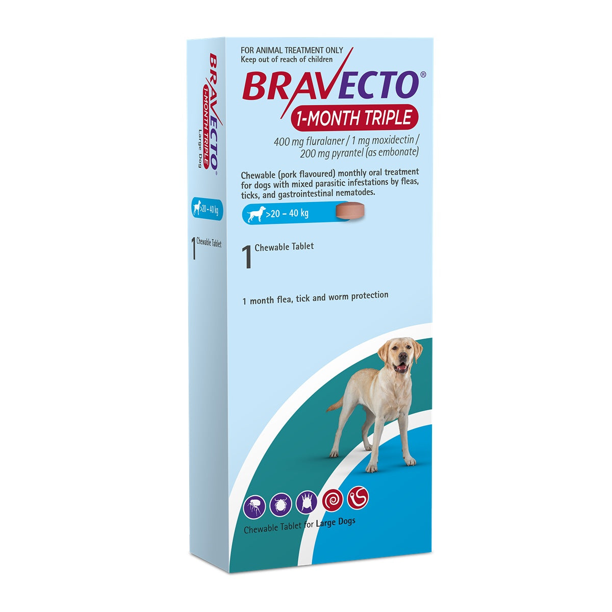 Bravecto 1 Month Triple Large 20-40kg Dog Flea, Tick & Worm Chew