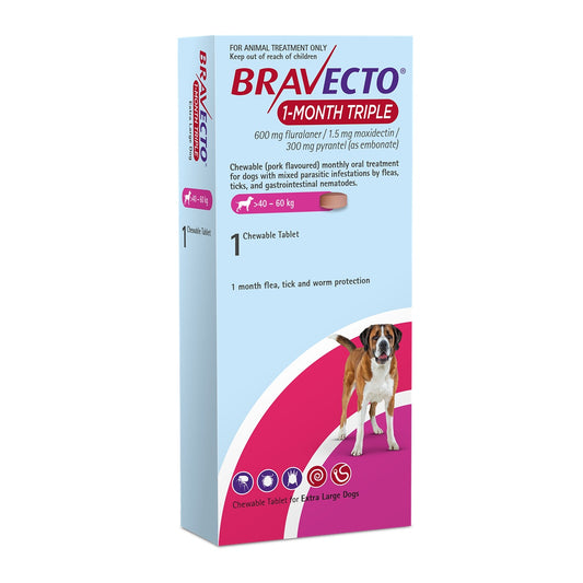 Bravecto 1 Month Triple Extra Large 40-60kg Dog Flea, Tick & Worm Chew