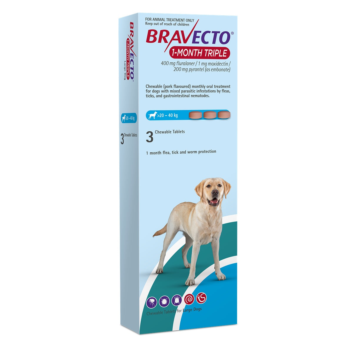 Bravecto 1 Month Triple Large 20-40kg Dog Flea, Tick & Worm Chew