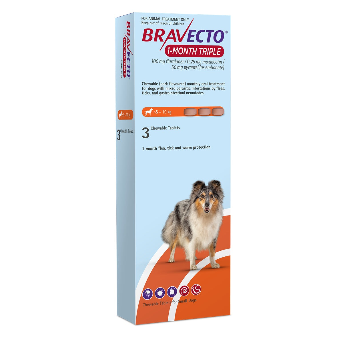 Bravecto 1 Month Triple Small 5-10kg Dog Flea, Tick & Worm Chew