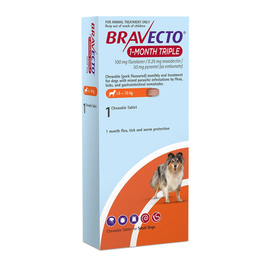 Bravecto 1 Month Triple Small 5-10kg Dog Flea, Tick & Worm Chew