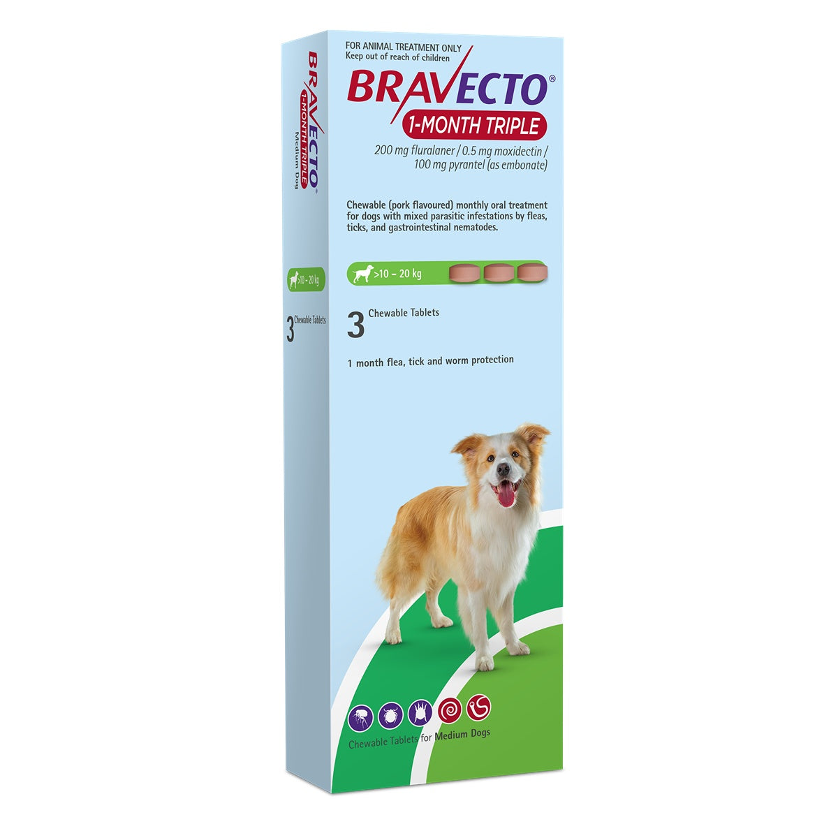 Bravecto 1 Month Triple Medium 10-20kg Dog Flea, Tick & Worm Chew