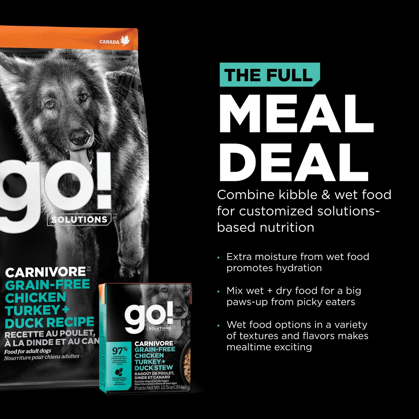 GO! Solutions CARNIVORE Grain Free Chicken, Turkey + Duck Wet Dog Food