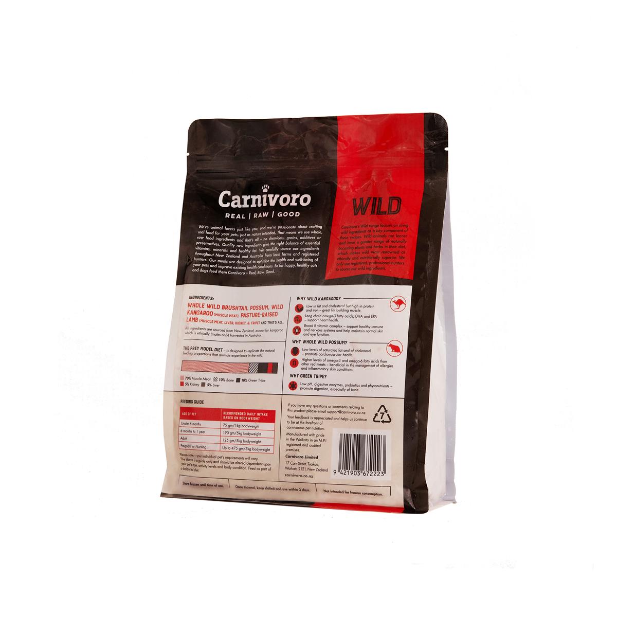 Carnivoro Wild Pellets Possum, Kangaroo, Lamb & Tripe Frozen Dog Food